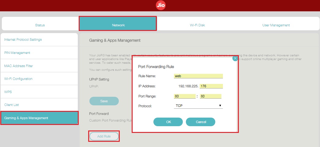 Port forwarding in JIOFI 3 Router Port