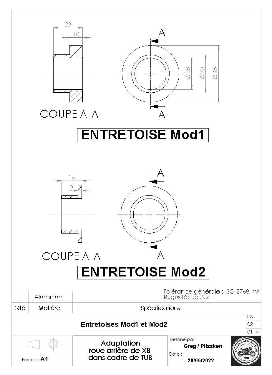 TUB] entretoises pour montage de roue arrière XB/1125