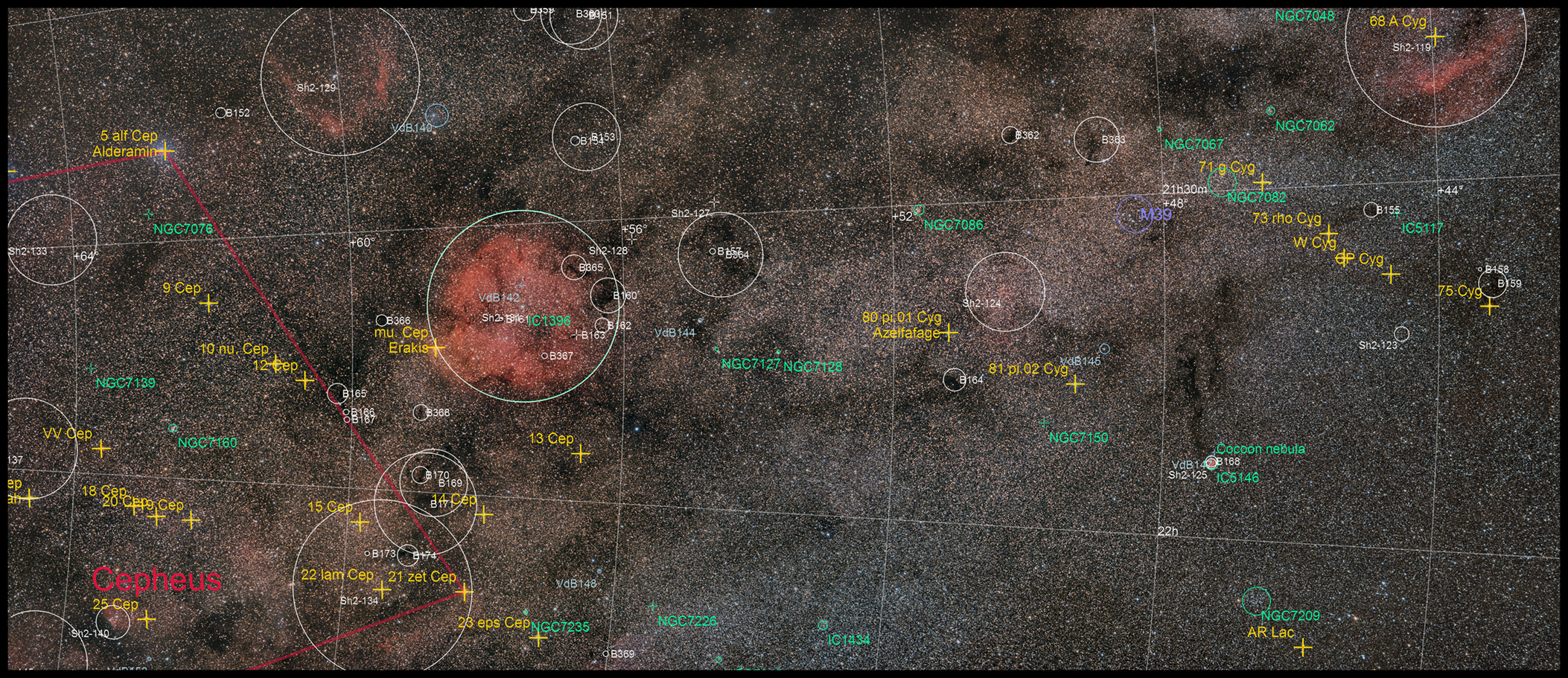 Mosaïque au A7s 135mm : IC1396 et IC5146  Mosa_IC1396_Cocon_A7s_annotated