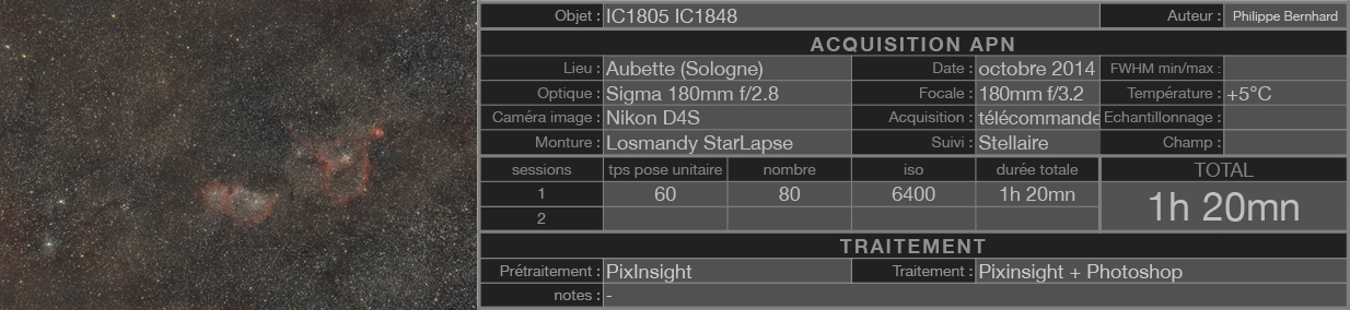 M45, les Hyades, IC1848/1805, M42, C/2014-E2 en grand champ au D4s 180mm Ic1848doc