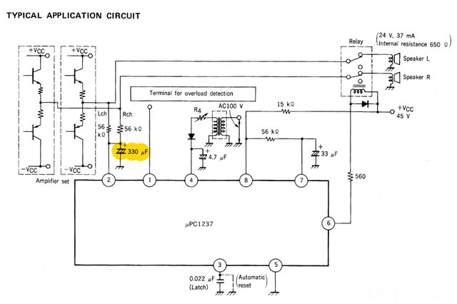 Help Amplificatore Hitachi HA-007 Muto Upc1237ha-protector-ic-typical-application-with-offset-capacitor-marked_248310