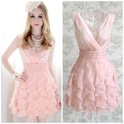 Ties That Bind [Private, Averia Frost] Pink-ruffles-pleated-bottom-ball-gown-knee-length-women-high-street-slim-v-neck-sleeveless-cute