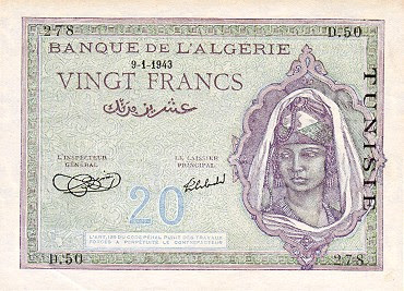 La monnaie (les billets) tunisienne à travers le temps TunisiaP17-20Francs-1943_f