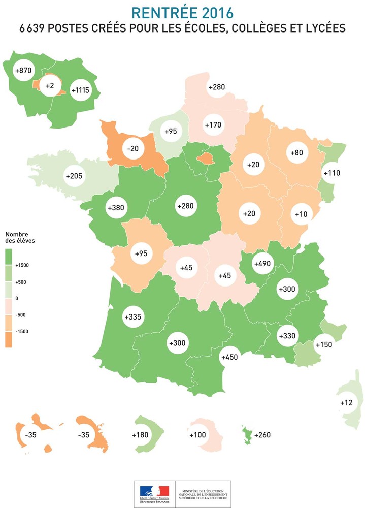 répartition - Répartition des 6 639 créations de postes d'enseignants pour la rentrée scolaire 2016 : Najat Vallaud-Belkacem annonce un effort sans précédent au service de la réussite de tous les élèves . Postes-2016-ecoles-colleges-lycees_511436.81