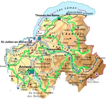 Cycler en Haute Savoie: véloroutes V61, V62, V63 et routes vertes Carte-74-r