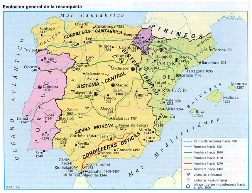 Mapa de la reconquista española con fechas de conquista de la ciudades de España Reconquista