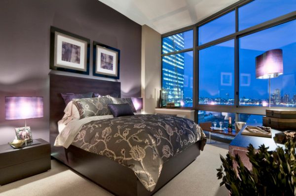 ديكور قديم وحديث - صفحة 57 Elegant-modern-bedroom-with-lampshades-that-add-an-extra-tinge-of-purple