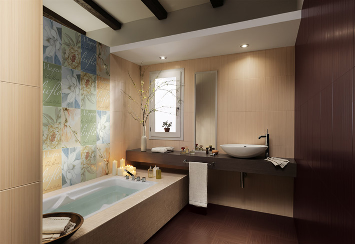 Апартаментът на Стоунбридж Floral-bathroom-tiles-floating-vanity-unit