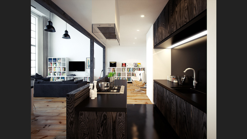 Cocina-Salón Black-and-whtie-loft-design