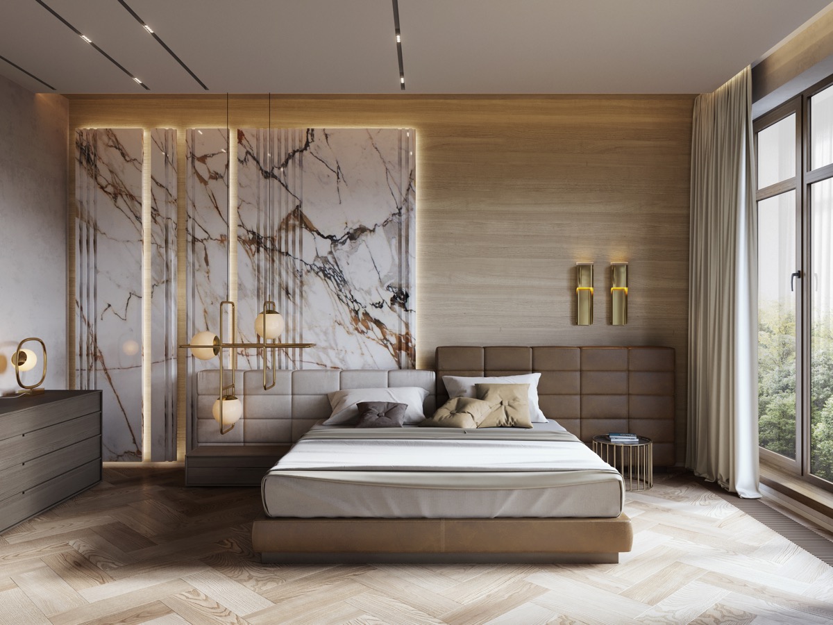 florence  White-marble-and-wood-master-bedroom-luxury-bedroom-decor-ideas-chevron-wood-floor