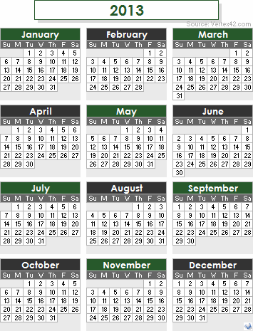 روزنامة 2013 , Calendar , Year 2013 Calendar , 2013 Calendar - تقويم 2013 2013-calendar-green-gray