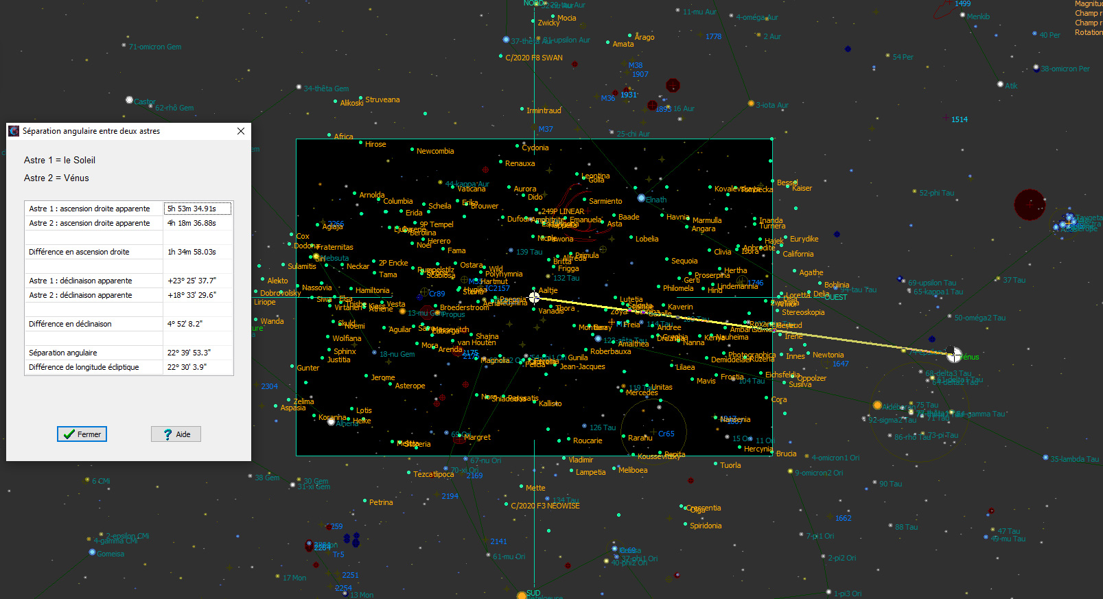 Occultation Vénus par la Lune le 19 juin 2020 Separationangulaire