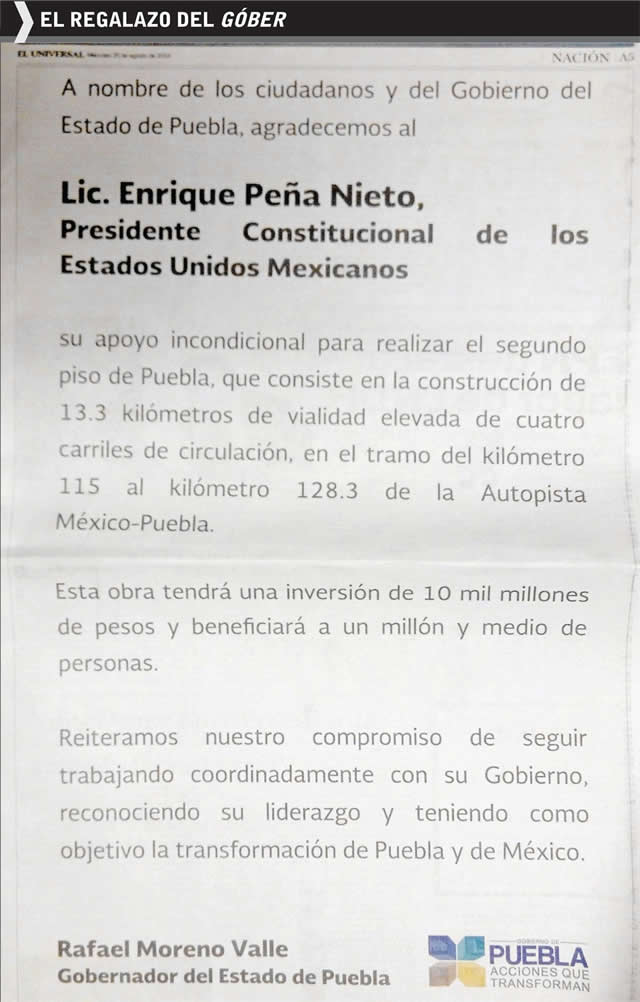 Moreno Valle se gasta medio millón en desplegados para hacerle la barba a EPN Desplegado