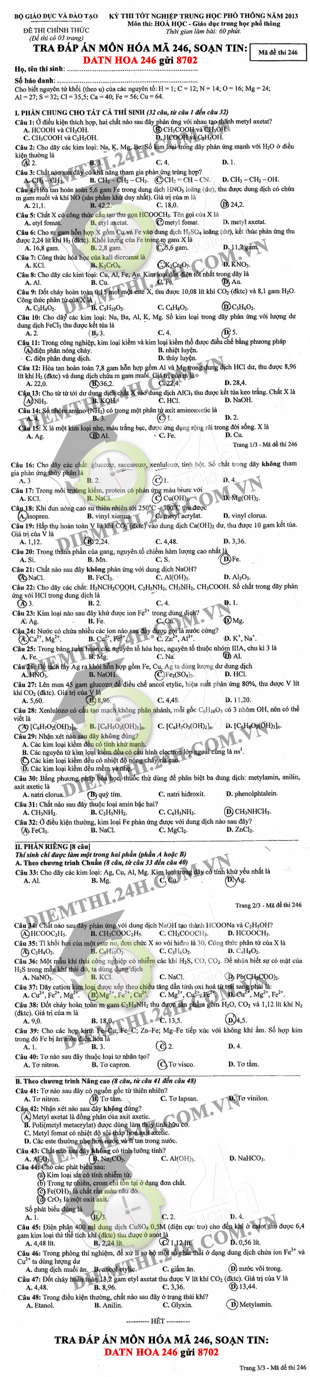 ĐỀ THI (ĐÁP ÁN) TỐT NGHIỆP THPT MÔN HÓA MÃ ĐỀ 475,246,641,328 2013  1370163899_246-chuan