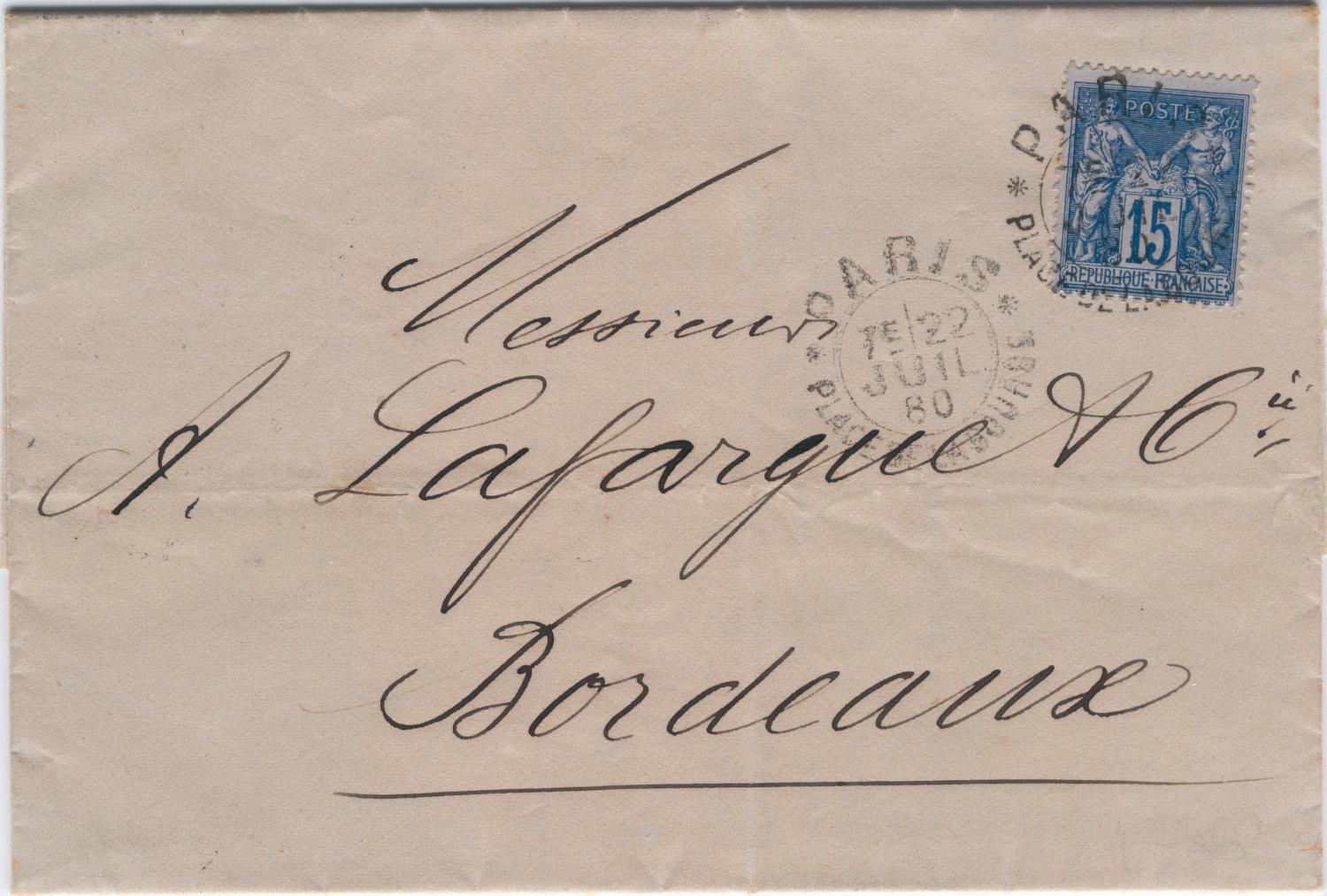 Timbres à date essai de la Bourse Paris Lettre_18800722_90-2b_cachet-essai_602-hoogerdijk_