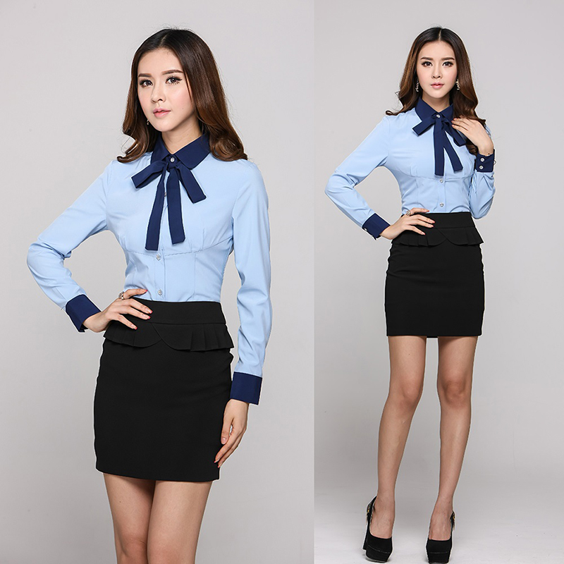 Địa chỉ may đồng phục công sở đẹp tại Đà Nẵng Formal-Professional-Office-Uniform-Designs-Women-Suits-with-Skirt-and-Blouse-Sets-Blue-XXXL-Plus-Size