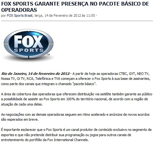 Fox Brasil e Sky usam mídias sociais para explicar imbróglio Release---fox-sports-brasil-1329266707466_495x459