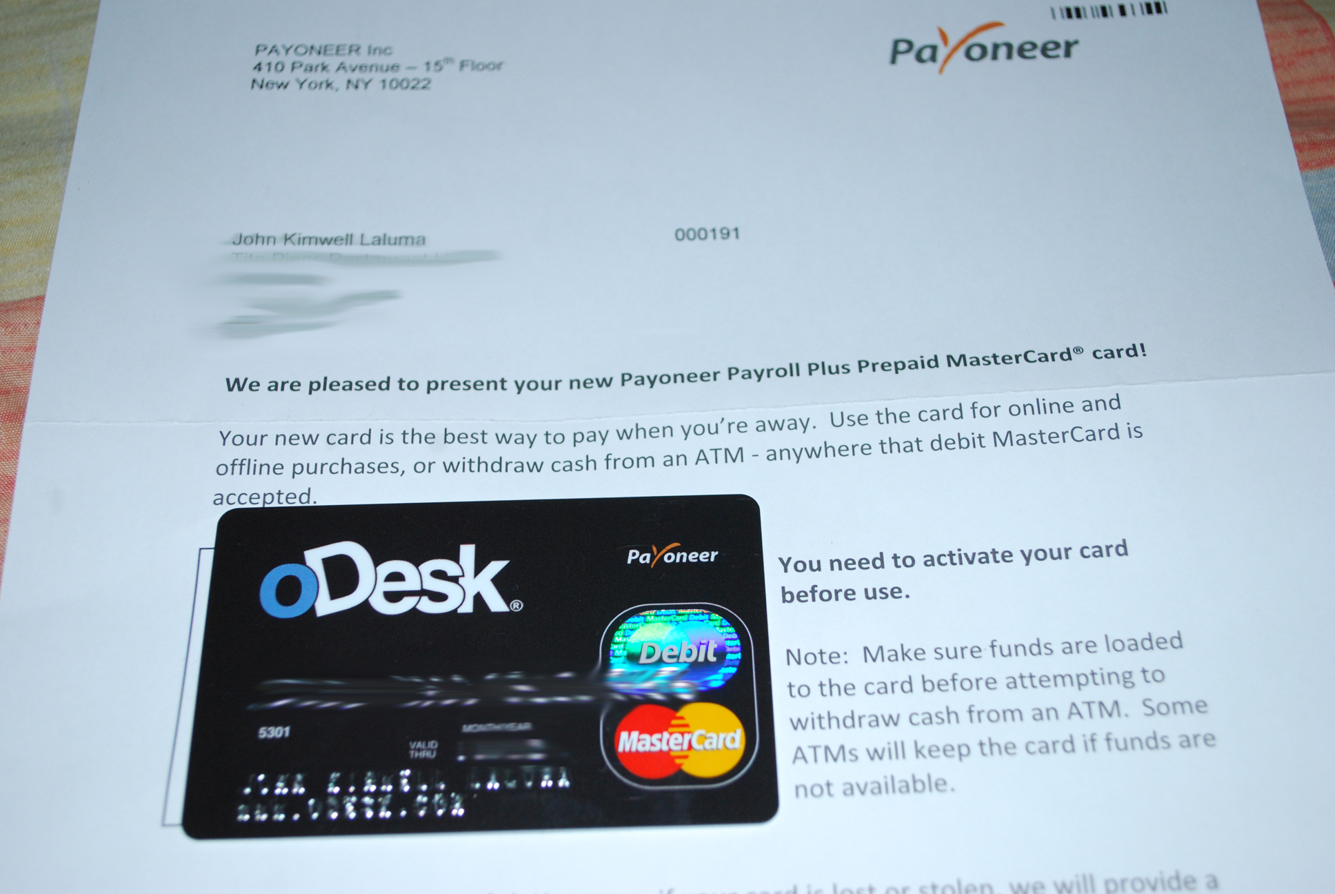 الطريقة الصحيحة لطلب Payoneer Mastercard وأحصل على 25$ Payoneer-letter