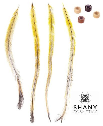 SHANY Cosmetics Natural Feather Hair Extension -Shampoo/Iron/Wash it - Natural Feather - Pack of 4 - Yellow - Beads Incl 411T%2B%2BxFKkL