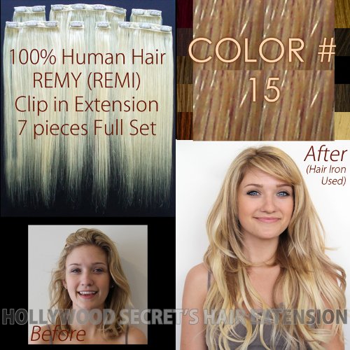 18 - 20 inches, Hollywood Secrets Clip in Clip on Hair Extension, 7pc Full Set, Color#: 15 - Dark Golden Blonde 2, 100% 513FmPn6LqL