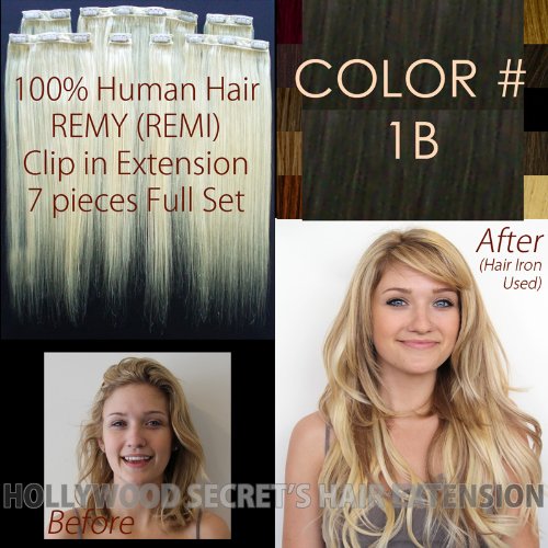 18 - 20 inches, Hollywood Secrets Clip in Clip on Hair Extension, 7pc Full Set, Color#: 1B - Natural Black, 100% Human  51tTzVwnjuL