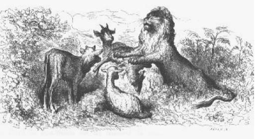 La génisse, la chèvre et la brebis ....Jean de La Fontaine+De loin Sully Prudhomme La_genisse_la_chevre_et_la_brebis_en_societe_avec_le_lion_illustration_dore