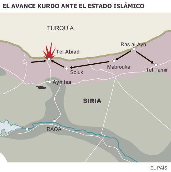 El avance kurdo ante el Estado Islámico. Los kurdos se sitúan a 50 kilómetros de la capital del cali 1435054076_530290_1435073029_sumario_normal