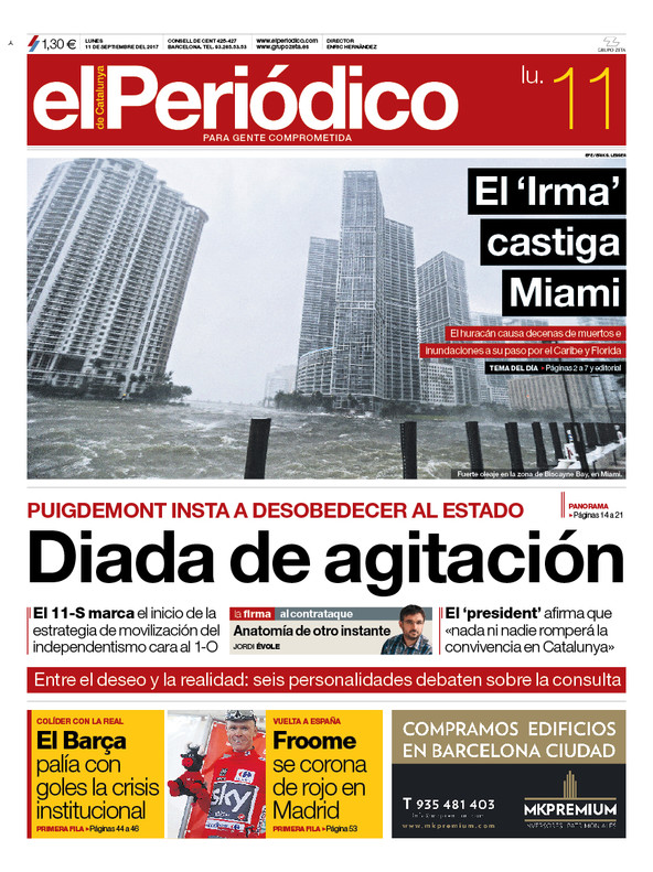 La portada de EL PERIÓDICO del 11 de septiembre del 2017 1505073214326