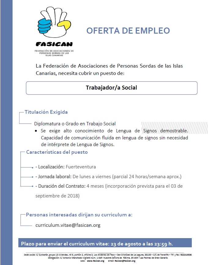 FASICAN busca Trabajador/a Social - Fuerteventura Ftva