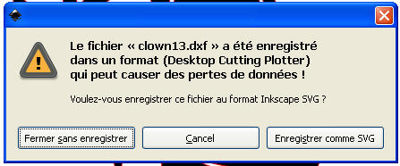 enregistrement en DXF impossible MessageMiseEnGarde