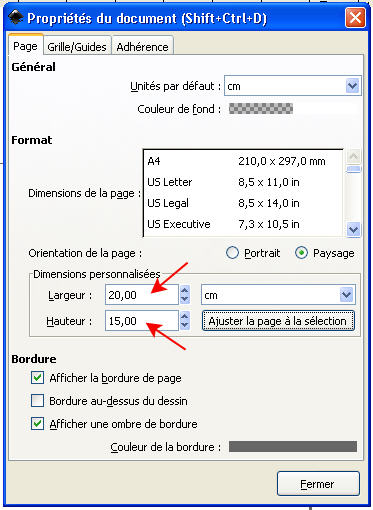 dimensionner la taille de sa feuille de travail sur INSKAPE EcranInkscapeProprietesDoc