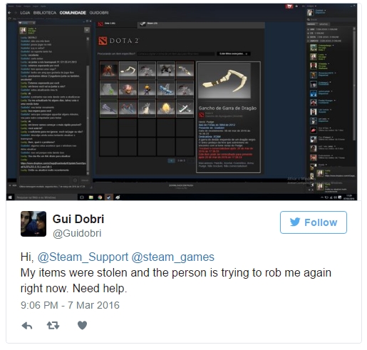 Exemplo de um utilizador afectado por ataques na Steam