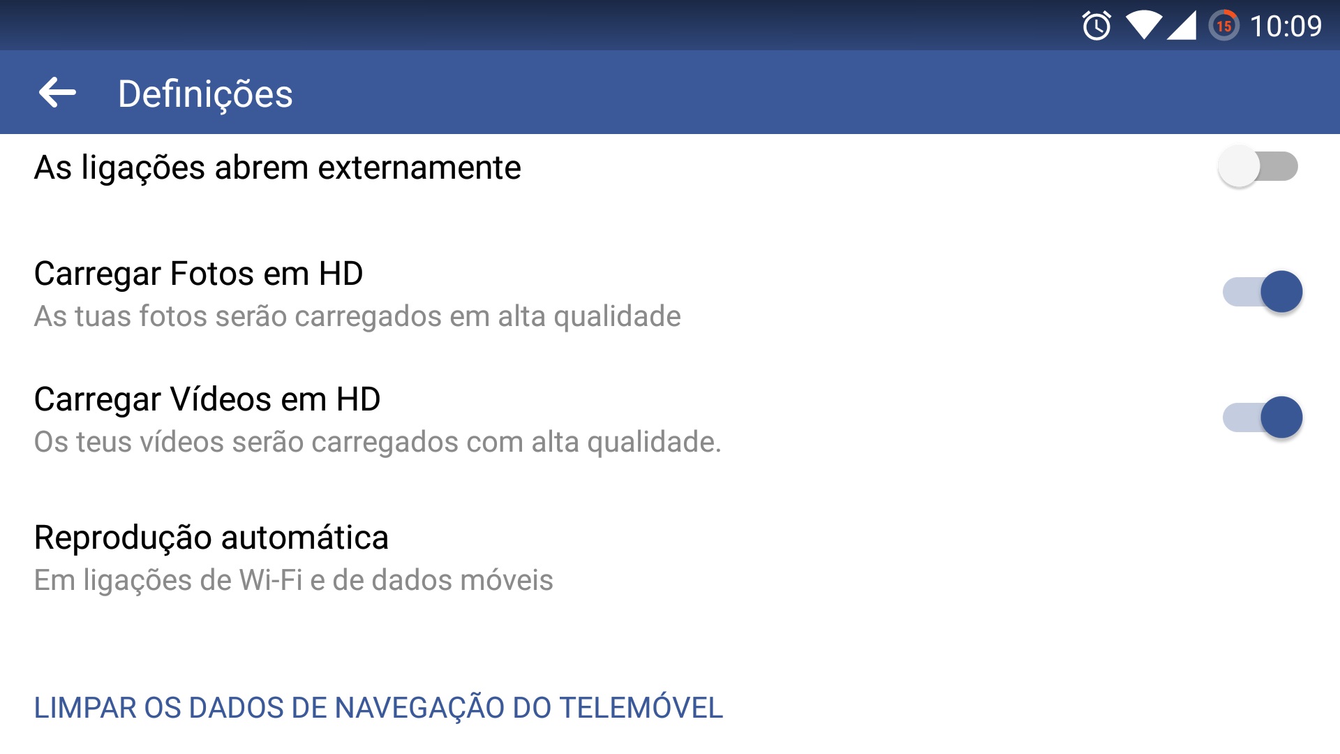 definições do facebook no Android