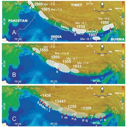 Les grands séismes du dernier millénaire en Himalaya pourraient bien se reproduire Zones_sismiques_Himalaya