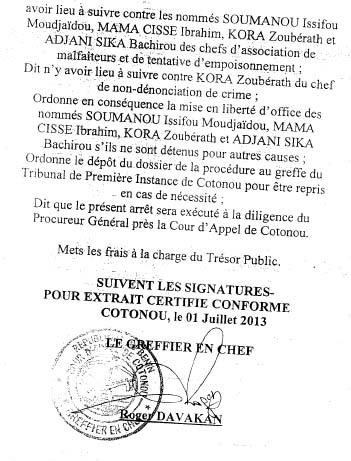 Extraits des deux arrêts rendus par la chambre d’accusation de la Cour d’appel de Cotonou le 1er juillet 2013 qui déboutent YAYI B-ba280