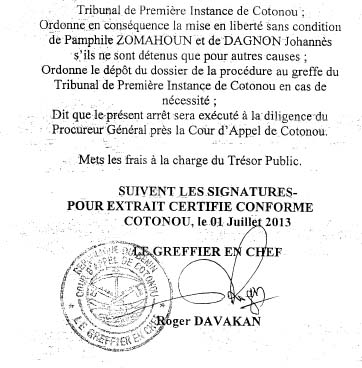 Extraits des deux arrêts rendus par la chambre d’accusation de la Cour d’appel de Cotonou le 1er juillet 2013 qui déboutent YAYI 2-5-4a7b0