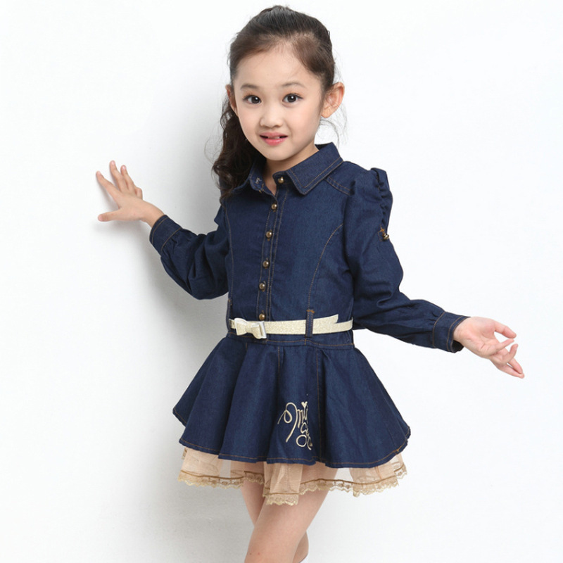 ازياء بنوتات One-Piece-England-Style-Girls-Winter-Dresses-Fashion-Jeans-Lace-Long-Sleeve-Princess-Dress-With-Belt