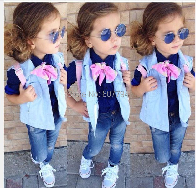  ❤ ❤ كولكْشنْ جنان ❤ ❤ Freeshipping-Girls-Fashion-Spring-Denim-Clothing-Sets-Girl-Denim-Vest-Cotton-Long-Sleeve-Shirt-Bow-Jeans