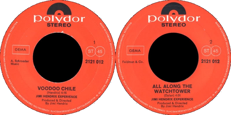 Discographie : 45 Tours : SP,  EP,  Maxi 45 tours 1970%20Polydor%202121012VoodooChile-AllAlongTheWatchtowerLabel