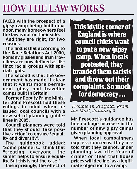 Now even police can't object to gipsy camp in picturesque village...because it's racist   (Daily Mail 10th January 2009) Article-1111202-0300A90A000005DC-741_468x577