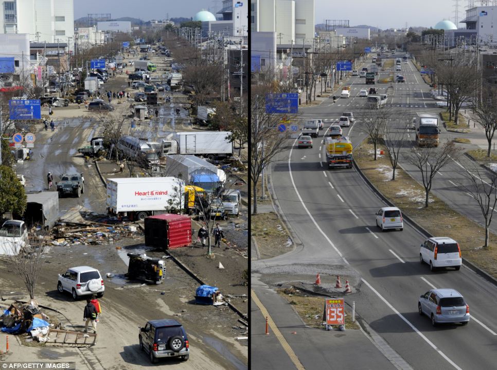 A road cleared of debris in Tagajo, Miyagi prefecture 