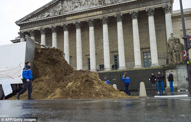 Funny: Activist unloads tonnes of horse manure in front of France's parliament building in protest at Hollande Article-0-1AB54A7A00000578-797_634x406