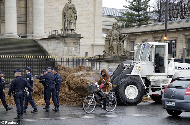Funny: Activist unloads tonnes of horse manure in front of France's parliament building in protest at Hollande Article-0-1AB58F1000000578-551_634x417