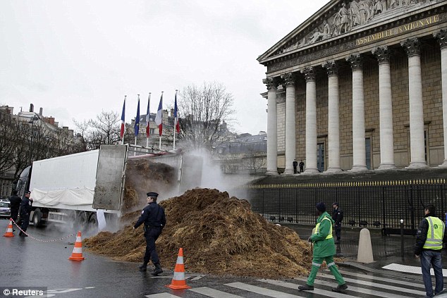 Funny: Activist unloads tonnes of horse manure in front of France's parliament building in protest at Hollande Article-2540853-1AB7B0A900000578-337_634x423