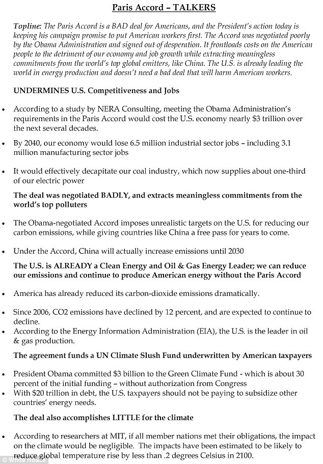 Trump pulls U.S. out of climate accord saying it is a foreign attempt to seize American jobs and American wealth  Read more: http://www.dailymail.co.uk/news/article-4563932/Trump-announces-U-S-Paris-c 410216E800000578-4563932-Distributed_This_is_the_official_White_House_document_setting_ou-m-17_1496345280638