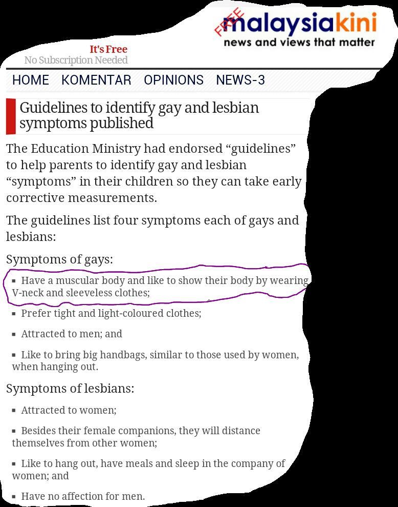 Malaisie : le ministre de l'éducation lance la traque aux jeunes gays et lesbiennes et publie une liste de huit "symptômes" pour les détecter. Original