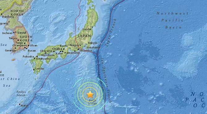 Japonya'nın güneydoğusundaki Ogasavara Adaları açıklarında 8,5 büyüklüğünde bir deprem meydana geldiği bildirildi Japonya-deprem-harita-670