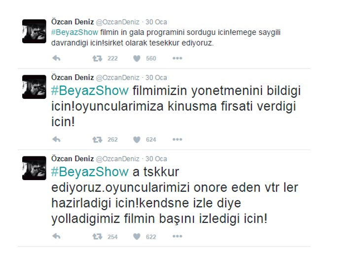 Özcan Deniz, Her Şey Aşktan filminin oyuncularını ağırlayan, Beyazıt Öztürk'e sert tweetler attı. Ozcandeniz