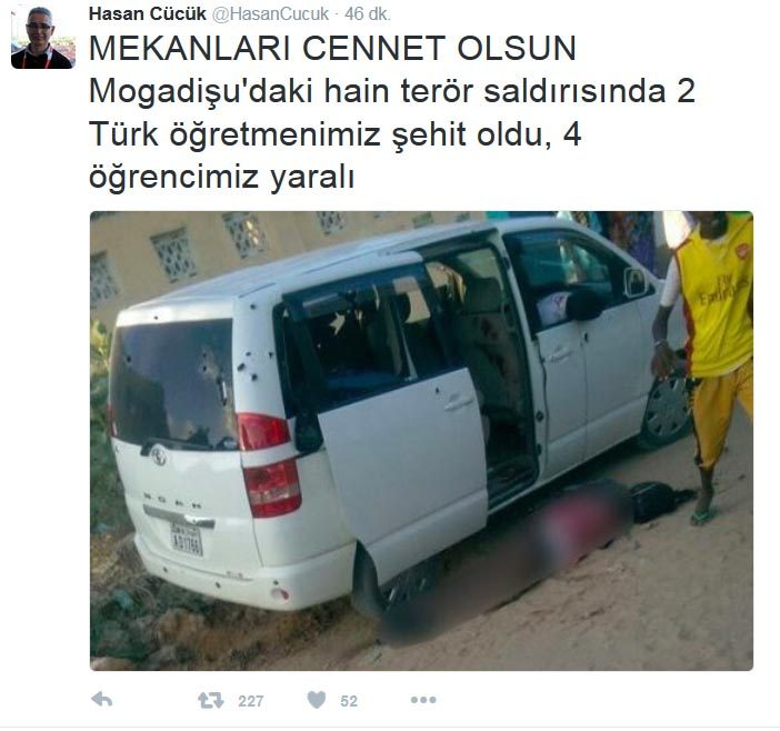 Somali'de, içerisinde Türklerin bulunduğu okul servisine teröristler tarafından saldırı düzenlendi. Saldırıda 2 Türk öğretmeni şehit oldu. Somali1