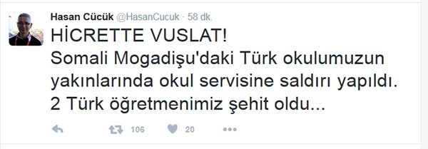 Somali'de, içerisinde Türklerin bulunduğu okul servisine teröristler tarafından saldırı düzenlendi. Saldırıda 2 Türk öğretmeni şehit oldu. Somali2